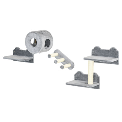 PawHut 4PCs Wall-Mounted Cat Tree, with Steps, Perch, Cat House - Grey 