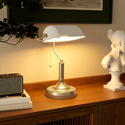 HOMCOM Banker's Desk Lamp with Antique Bronze Tone Base, Table Lamp with White Glass Shade for Home Office, White 