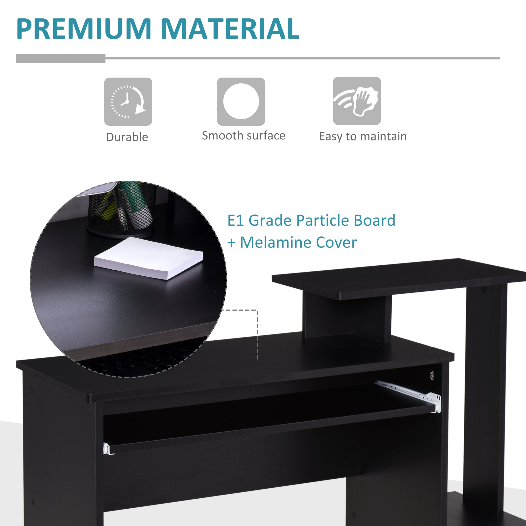 HOMCOM Computer Desk with Sliding Keyboard Tray Storage Drawer Shelf Home Office Workstation Black 
