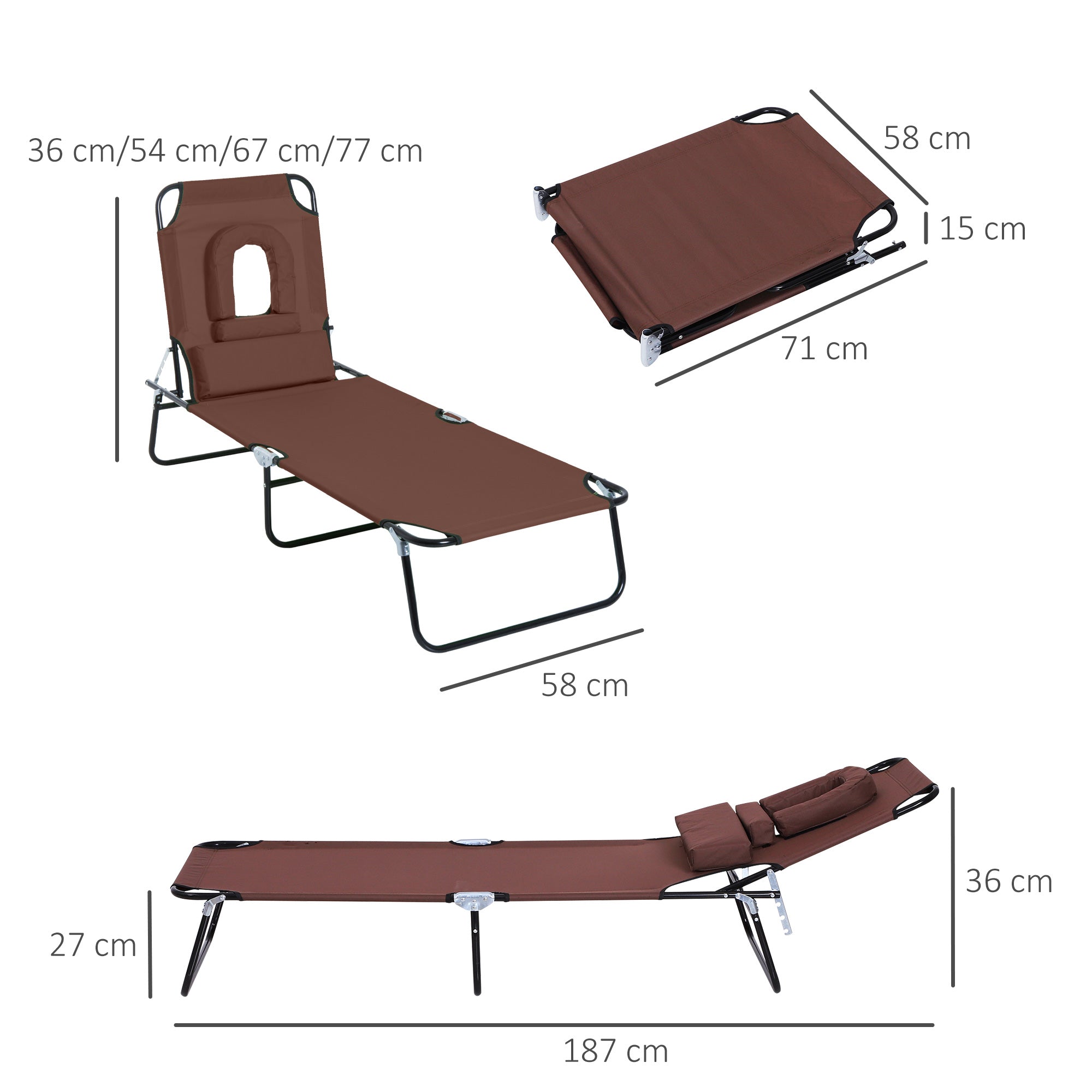 Outsunny Outdoor Foldable Sun Lounger, 4 Level Adjustable Backrest Reclining Sun Lounger Chair with Pillow and Reading Hole, Brown 