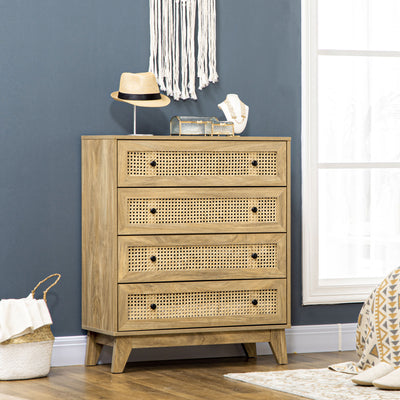HOMCOM Storage Cabinet, 4-Drawer Unit with Rattan Element for Bedroom, Living Room, 80cmx35cmx95cm, Wood Effect 