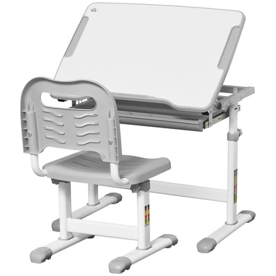 HOMCOM Kids Desk and Chair Set, Student Adjustable Writing Desk, with Drawer, Pen Slot, Hook - Grey 