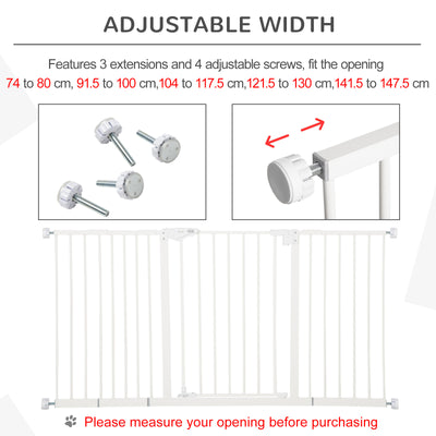 PawHut Dog Gate Stair Gate Pressure Fit Pets Barrier Auto Close for Doorway Hallway, 74-148cm Wide Adjustable, White 