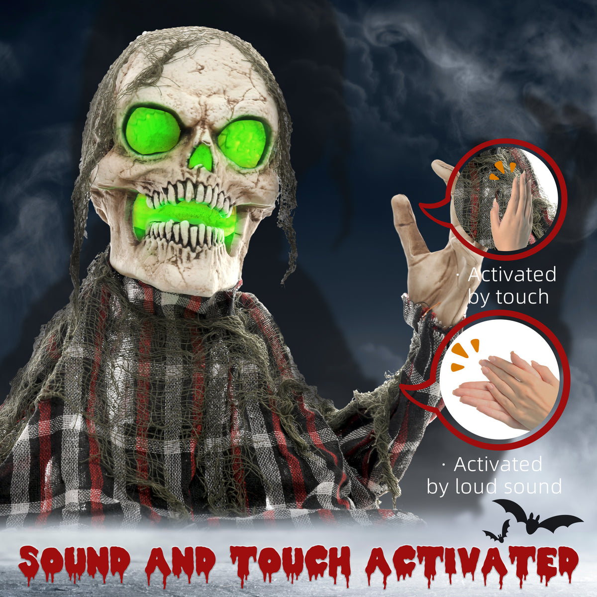 HOMCOM 70cm Groundbreaker Skeleton Halloween Animatronic, with Glowing Eyes 