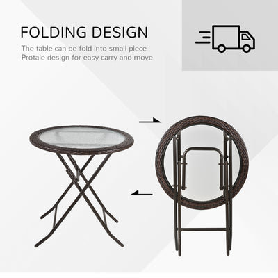 Outsunny Folding Rattan Garden Dining Table, 68 cm Round Rattan Garden Table with Water Ripple Tempered Glass Top, Wicker Edging  and Steel Frame for Outdoor, Patio, Brown 
