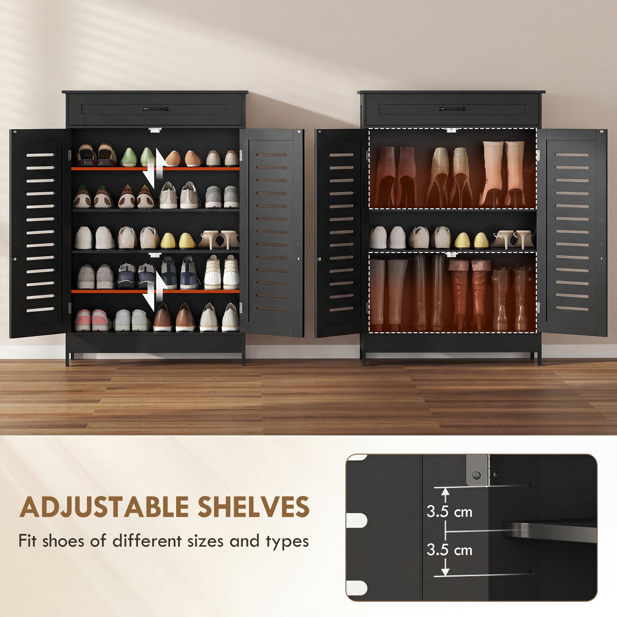 HOMCOM Shoe Cabinet with Louvered Doors, Modern Shoe Storage Cabinet with Drawer and Adjustable Shelves, Black 