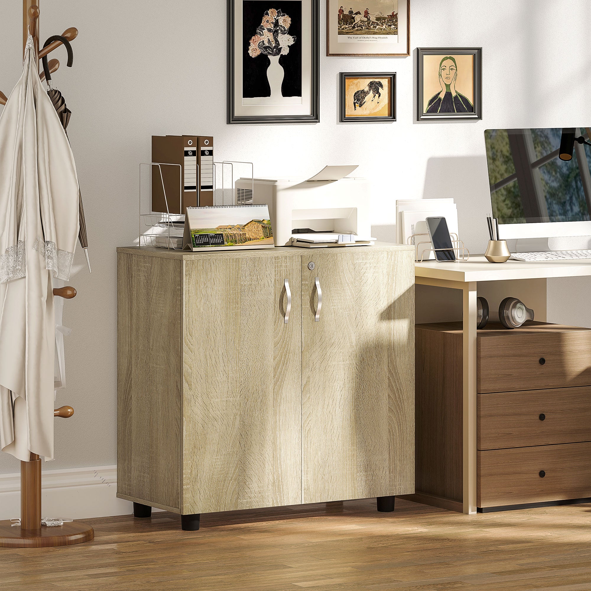 Vinsetto Two-Tier Locking Office Storage Cabinet - Oak 