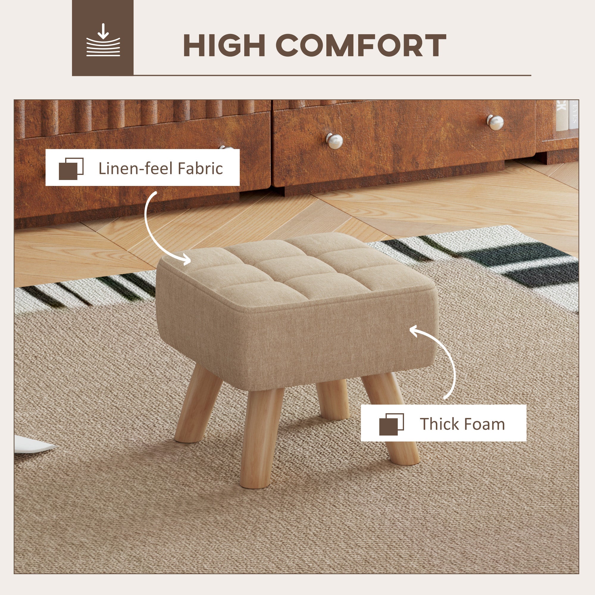 HOMCOM Linen-Look Square Padded Footstool - Brown 