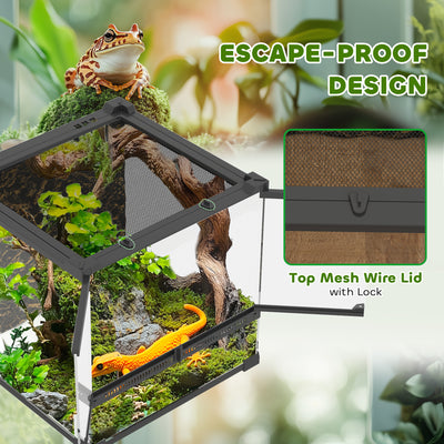 PawHut Reptile Glass Terrarium with Stone Background, Front Ventilation, Escape-Proof Knob Lock, 30 x 30 x 30 cm, Black 