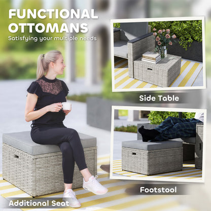 Outsunny 5 Piece Rattan Garden Furniture Set, Nesting Outdoor Furniture Conversation Set with 2 Footstools, WPC Storage Coffee Table and Cushions, Wicker Garden Sofa for Conservatory, Terrace, Grey 