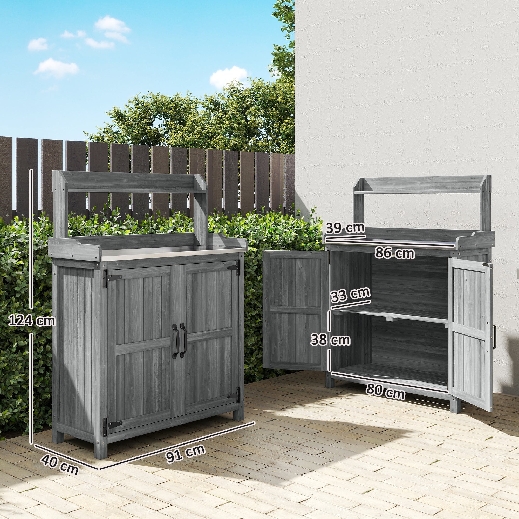 Outsunny Wooden Potting Bench Table with Aluminium Worktop, Outdoor Garden Workbench with Top Shelf and Cabinet Storage 