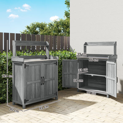 Outsunny Wooden Potting Bench Table with Aluminium Worktop, Outdoor Garden Workbench with Top Shelf and Cabinet Storage 