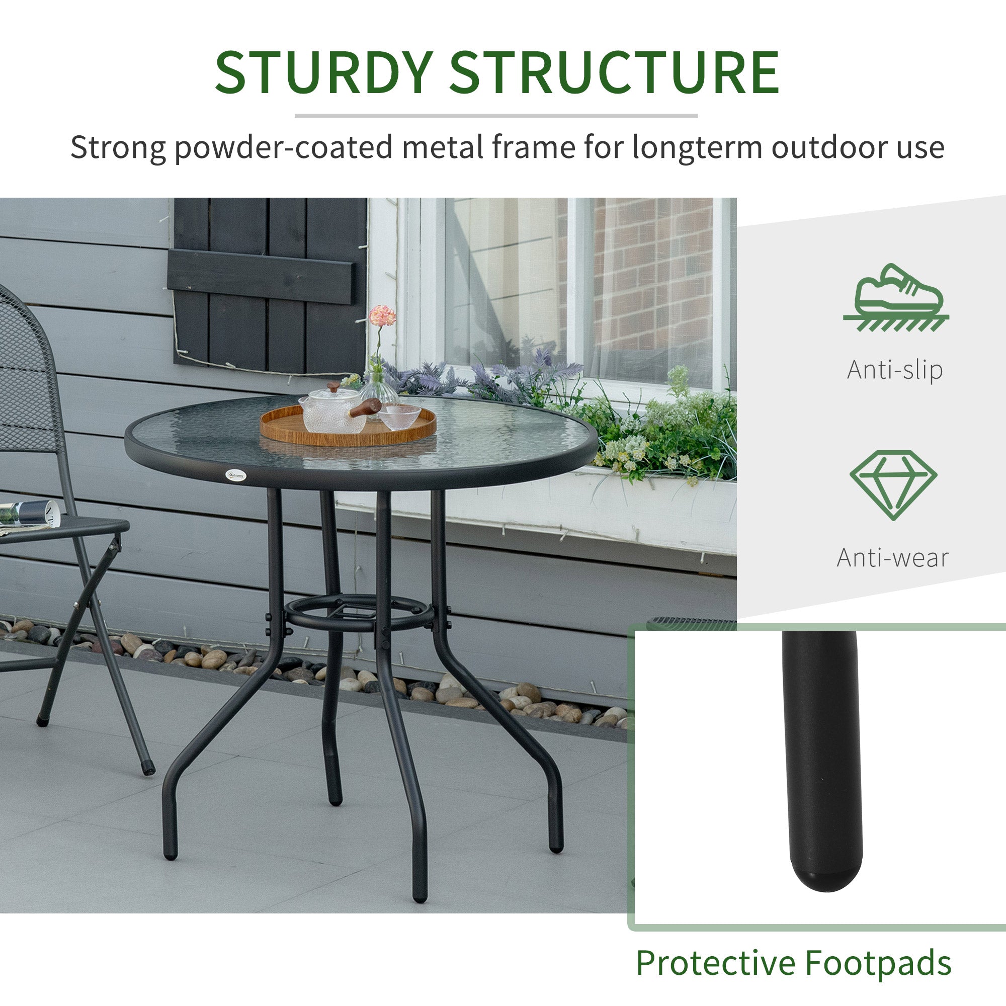Outsunny Outdoor φ80cm Round Dining Table Tempered Glass Top Steel Frame Bistro Coffee End Side Table Garden w/ Parasol Hole 