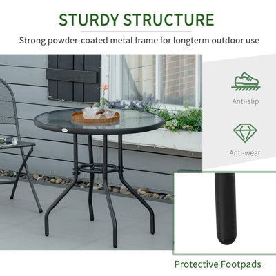 Outsunny Outdoor φ80cm Round Dining Table Tempered Glass Top Steel Frame Bistro Coffee End Side Table Garden w/ Parasol Hole 