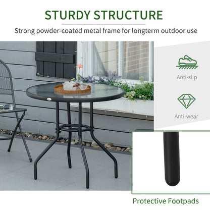 Outsunny Outdoor φ80cm Round Dining Table Tempered Glass Top Steel Frame Bistro Coffee End Side Table Garden w/ Parasol Hole 
