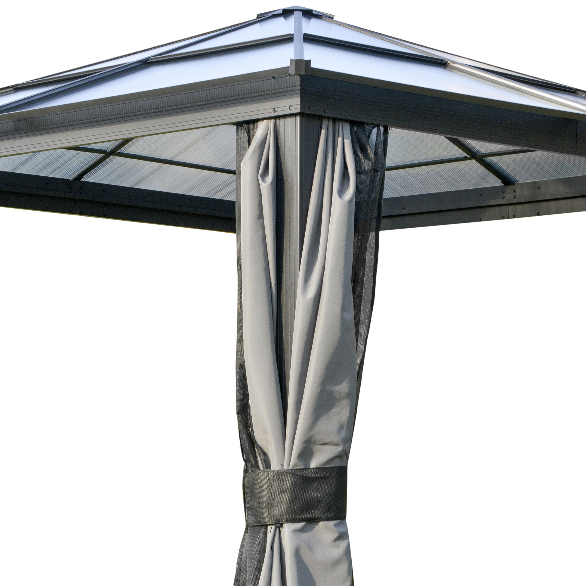 Outsunny 3 x 3(m) Hardtop Gazebo Canopy with Polycarbonate Roof, Aluminium Frame, Permanent Pavilion Garden Gazebo with Netting and Curtains for Patio, Deck, Dark Grey 