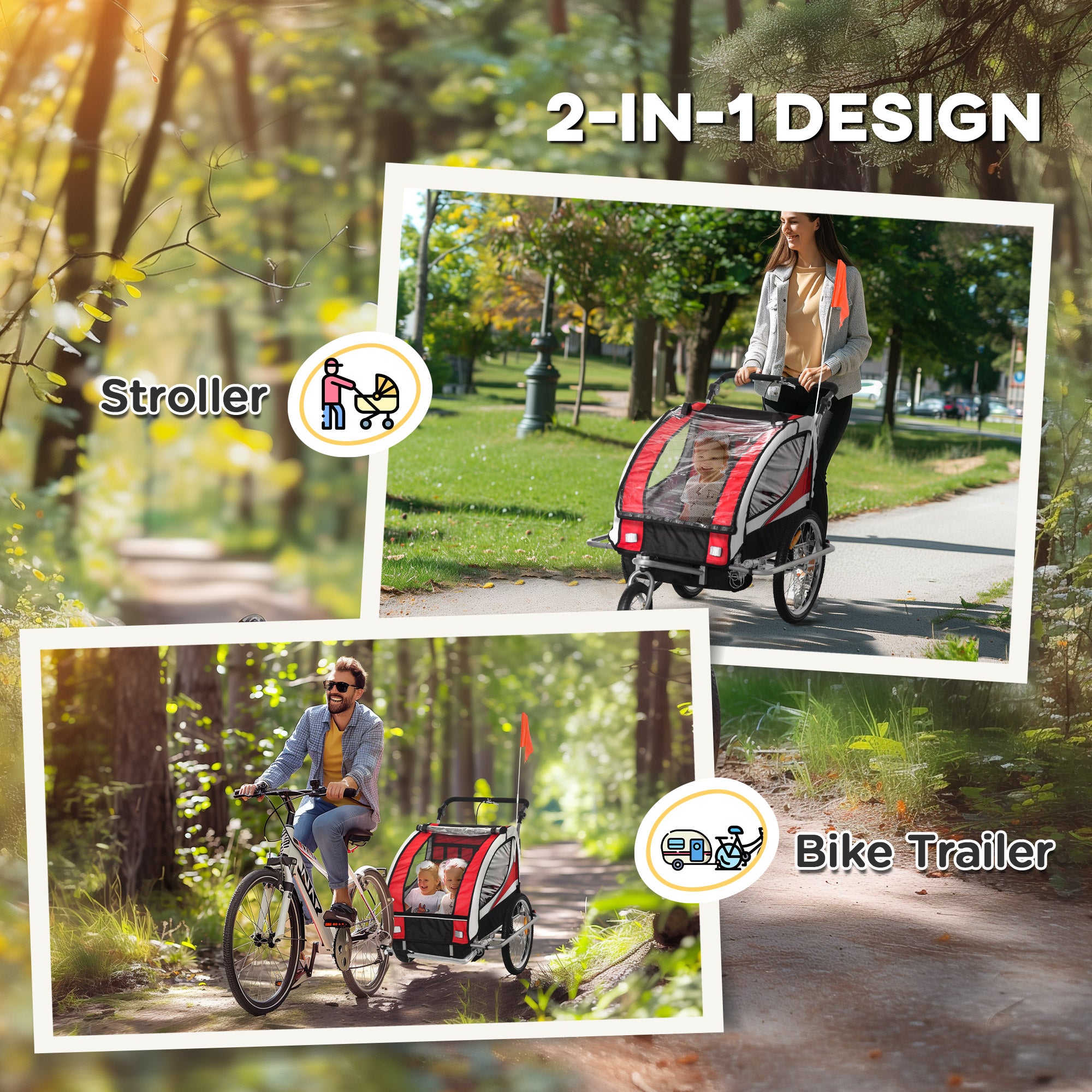 HOMCOM Baby Bike Trailer, Child Bicycle Trailer with 5 Point Harness, Steel Frame, Reflectors, Safety Flag, Hitch Coupler, Red 