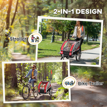 HOMCOM Baby Bike Trailer, Child Bicycle Trailer with 5 Point Harness, Steel Frame, Reflectors, Safety Flag, Hitch Coupler, Red 