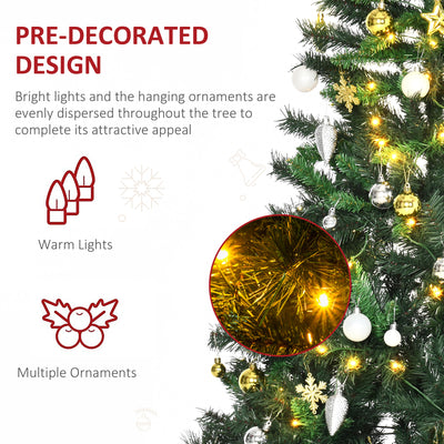 HOMCOM 1.8m 6ft Pre-Lit Artificial Christmas Tree 200 LED Xmas Tree Holiday Décor with Decorative Balls Ornament Metal Stand 