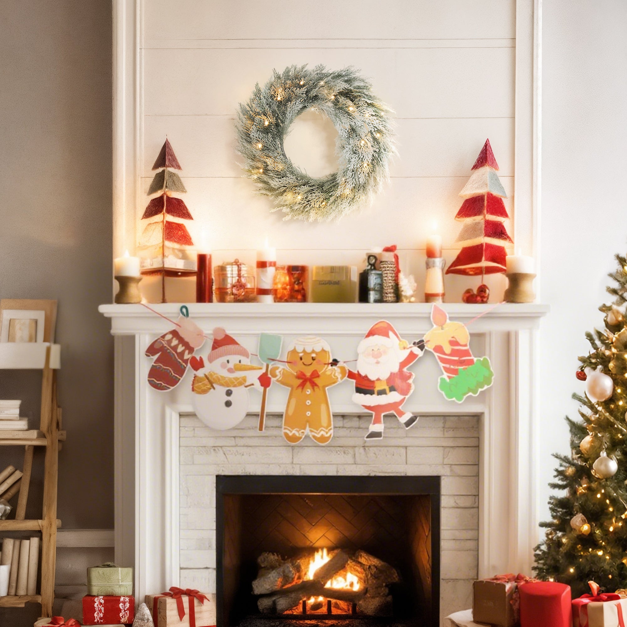 HOMCOM 60cm/ 24inch Flocked Prelit Christmas Wreath