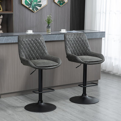 HOMCOM Retro Bar Stools Set of 2, Adjustable Kitchen Stool, Upholstered Bar Chairs with Back, Swivel Seat, Dark Grey 