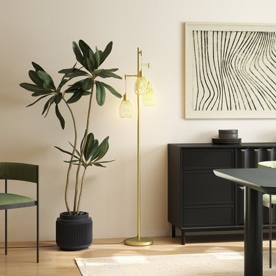HOMCOM 3-Light Floor Lamp, 170cm Industrial Dimmable Standing Lamp with Steel Wire Cage Lampshades for Living Room, Bedroom, Dining Room, Study, Gold Tone 
