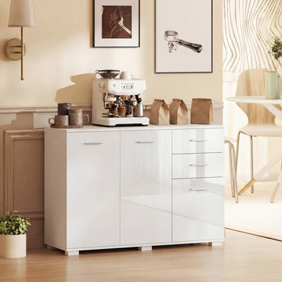 HOMCOM Sideboard, Modern Storage Cabinet with 2 Drawers, 3 Doors and Adjustable Shelves, High Gloss White 