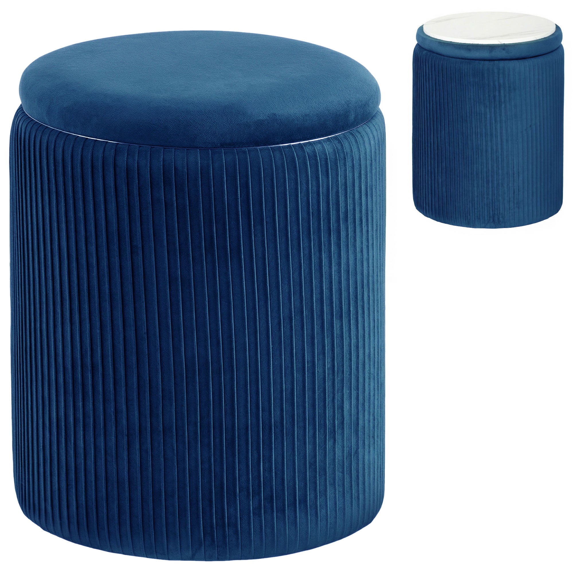 HOMCOM Storage Ottoman Modern Velvet Round Foot Stool for Living Room Bedroom 45 cm Blue 