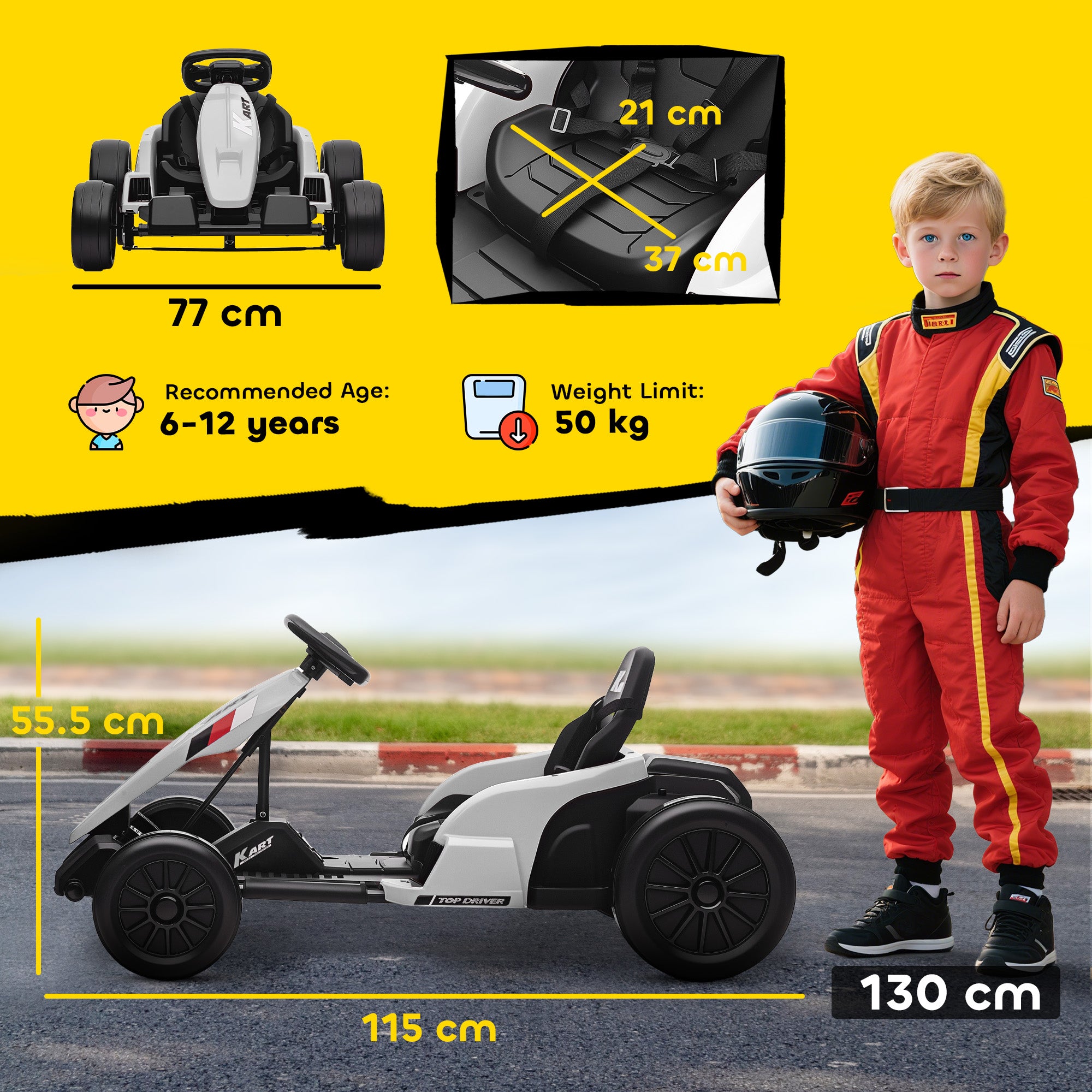 AIYAPLAY 24V Electric Go Kart, Drift Kart with Adjustable Seat, Slow Start, 5-Point Harness, Music, Horn, for 6-12 Years, White 