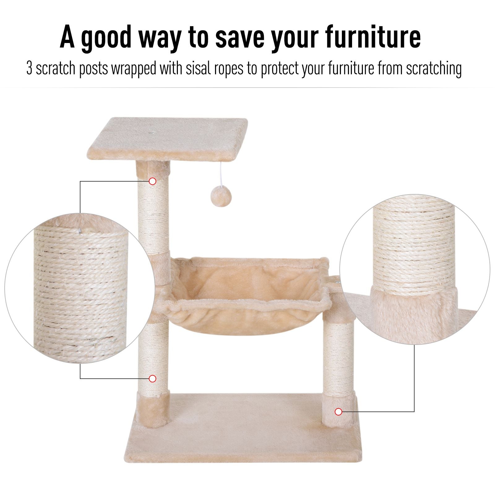 PawHut Cat Scratch Post with Bed Cat Tree for Indoor Cats Sisal Scratching Posts Hammock Kitty Activity Centre Beige 