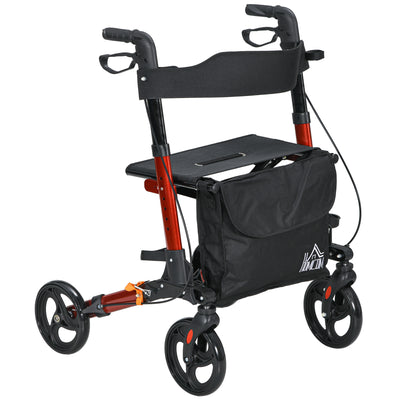 HOMCOM 4 Wheel Rollator with Seat and Back, Folding Mobility Walker with Carry Bag, Adjustable Height, Dual Brakes, Cane Holder, Lightweight Aluminium Walking Frame for Seniors and Disabled, Red 
