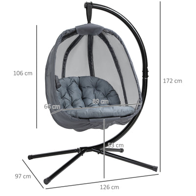 Outsunny Hanging Egg Chair, Folding Texteline Swing Hammock with Side Pocket, Cushion and Stand for Indoor Outdoor, Patio Garden Furniture, Grey 