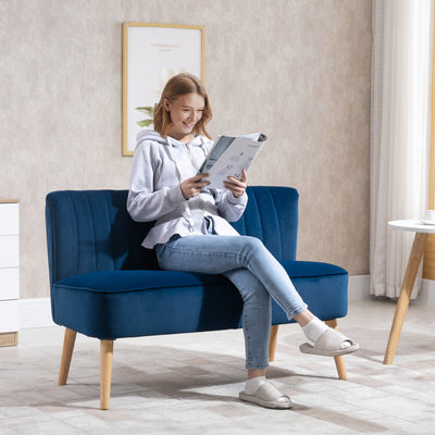 HOMCOM Modern Velvet Double Seat Sofa w/ Wood Frame Foam Padding High Back Soft Comfortable Compact Couch Blue 