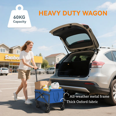 Outsunny 41L Festival Trolley on Wheels, Small Garden Folding Trolley Cart, 60kg Heavy Duty Collapsible Folding Wagon with Adjustable Handle and Carrying Bag for Beach, Camping, Festival, Blue 