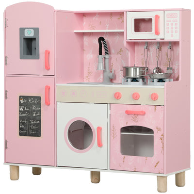 AIYAPLAY Play Kitchen, Kids Kitchen Set with Lights and Sounds, Double Stoves, Ice Maker, Chalkboard for 3+ Years - Pink 