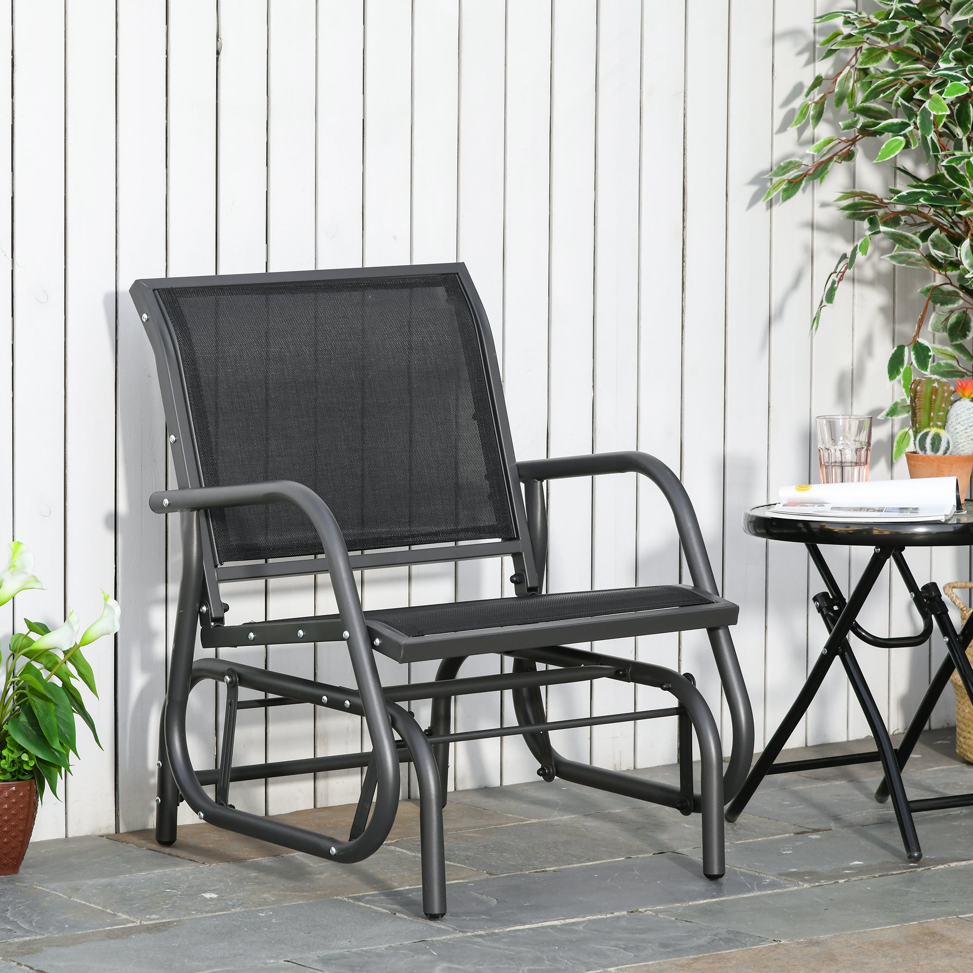 Outsunny Outdoor Gliding Swing Chair Garden Seat w/ Mesh Seat Curved Back Steel Frame Armrests Comfortable Lounge Furniture Dark Grey Black 