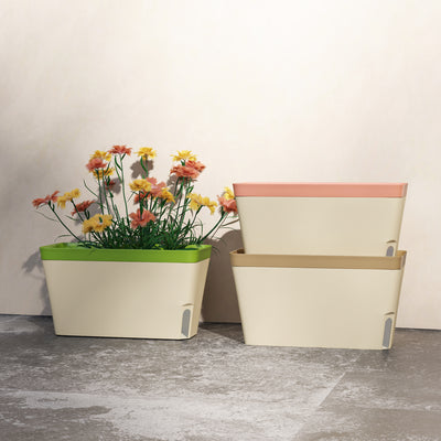 Outsunny Set of 3 Self Watering Plant Pots Outdoor, 27cm Rectangular Garden Planters with Visual Water Level Window, Plastic Flower Pots for Indoor Outdoor Garden Balcony Windowsil 