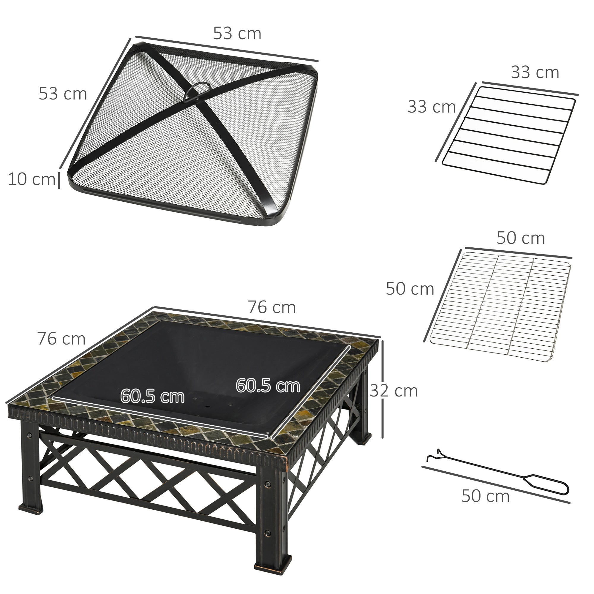 Outsunny Large Outdoor Fire Pit Table, 3 in 1 Square Wood Burning Firepit Metal Brazier, BBQ Grill, Ice Bucket w/ Grill Grate, Log Grate, Lid, Poker for Garden, Camping, Bonfire, 76 x 76 x 47cm, Black 