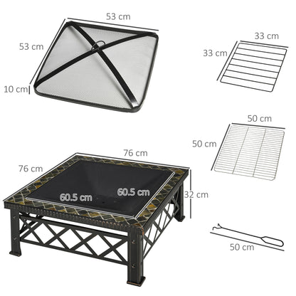 Outsunny Large Outdoor Fire Pit Table, 3 in 1 Square Wood Burning Firepit Metal Brazier, BBQ Grill, Ice Bucket w/ Grill Grate, Log Grate, Lid, Poker for Garden, Camping, Bonfire, 76 x 76 x 47cm, Black 