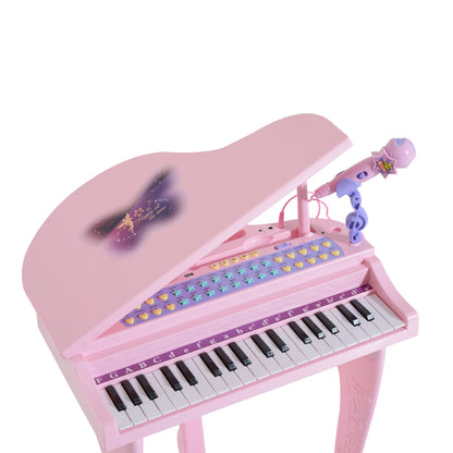 HOMCOM 37 Keys Kids Mini Electronic Keyboard Children Grand Piano with Stool Microphone Light Musical Instrument Educational Game Toy Set (Pink) 
