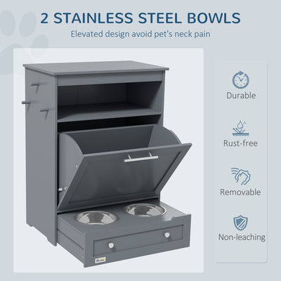 PawHut Pet Feeder Station, Dog, Cat Storage Container, with Raised Bowls, Hanger, Cabinet - Grey 