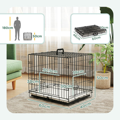 PawHut Foldable Dog Crate with Two Doors with Tray, Soft Cushion, for Extra Small Dogs, 60 x 40 x 50, Black 