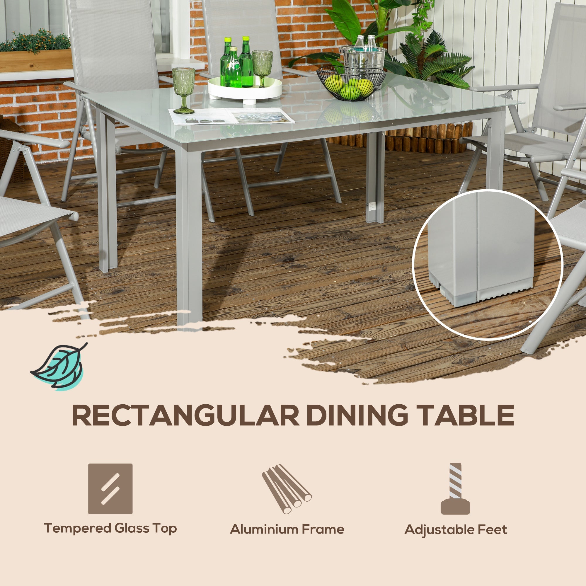 Outsunny 7 Piece Garden Dining Set, Outdoor Table and 6 Folding and Reclining Chairs, Aluminium Frame, Tempered Glass Top Table, Texteline Seats, Grey 