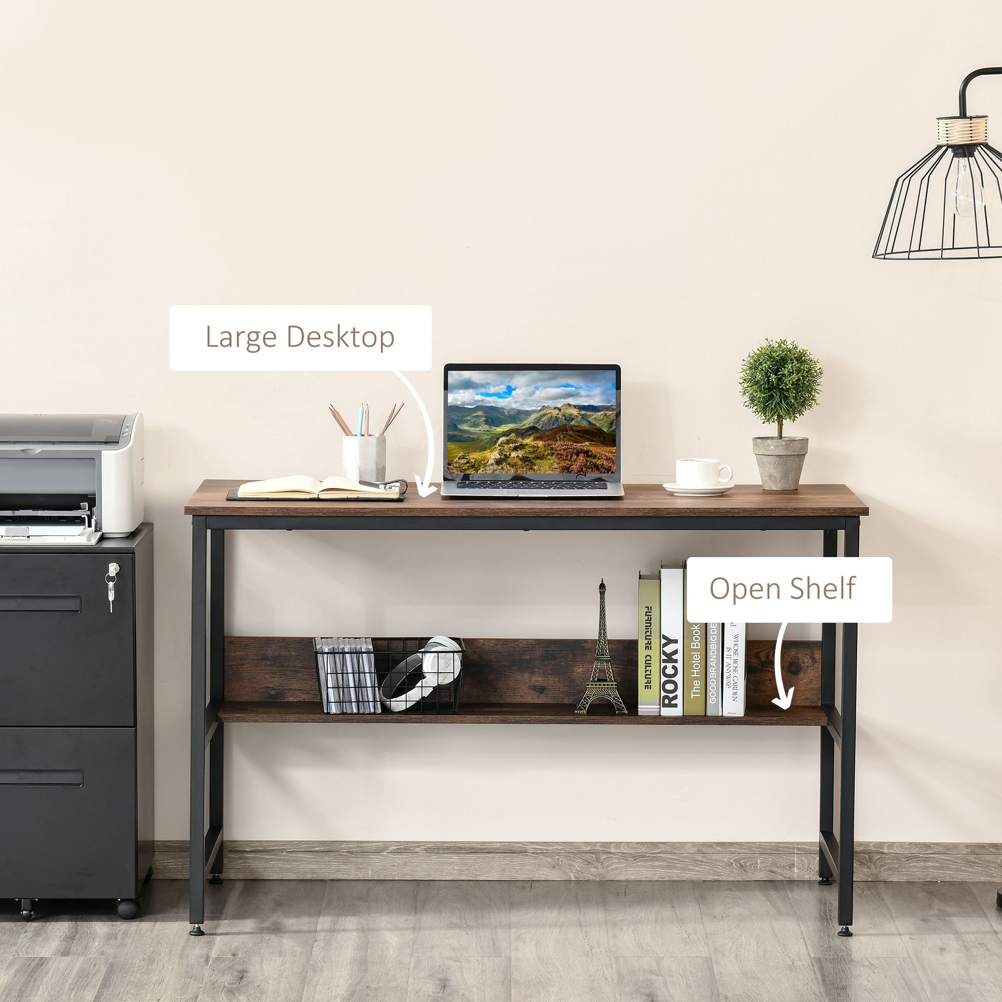 HOMCOM Computer Desk with Storage Shelf, 120 x 60cm Home Office Desk with Metal Frame, Study Table, Easy Assembly, Rustic Brown 