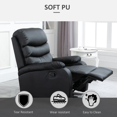 HOMCOM PU Leather Reclining Chair, Manual Recliner Chair with Padded Armrests, Retractable Footrest and Wood Frame, Black 