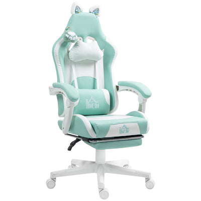 HOMCOM Cat Ear and Paw Reclining Office Chair, with Footrest - Light Blue/White 