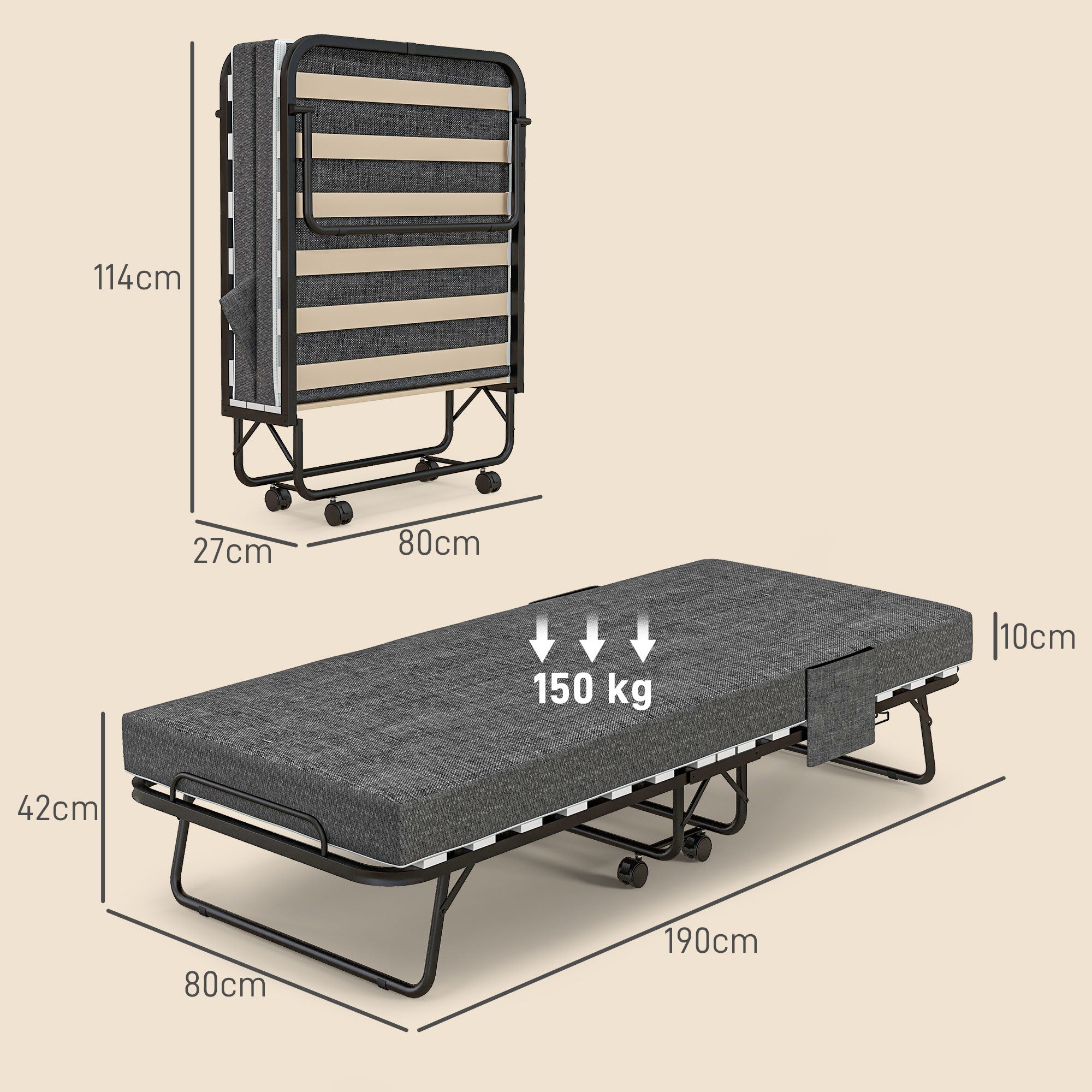 HOMCOM Single Steel Frame Folding Bed, with Wheels - Black/Grey 