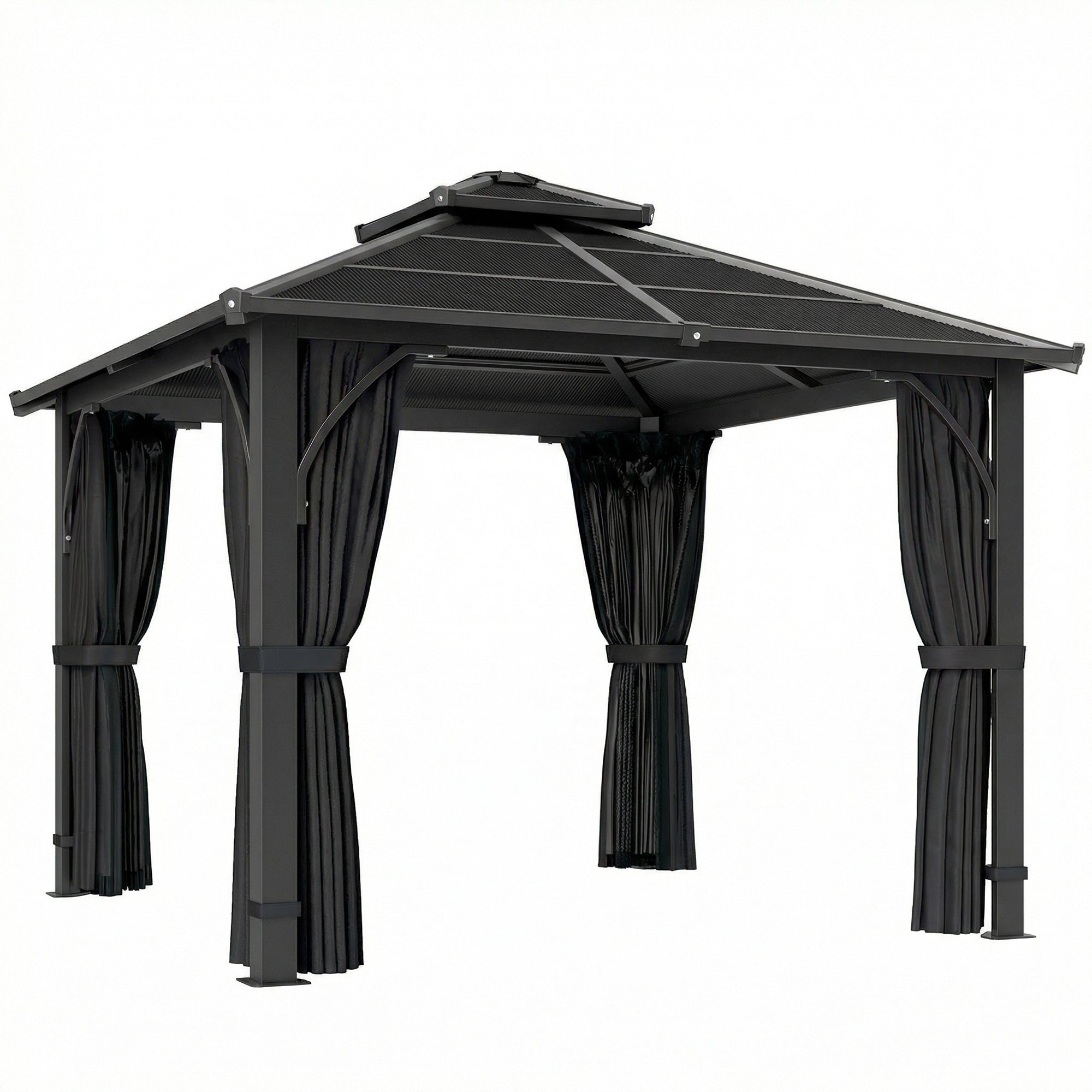 Outsunny 2.5 x 2.5 m Hardtop Gazebo Canopy with 7mm PC Roof, Garden Gazebo Permanent Pavilion with Netting, Curtains, Dark Grey 