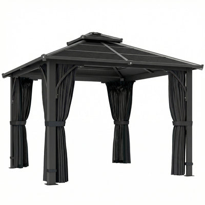 Outsunny 2.5 x 2.5 m Hardtop Gazebo Canopy with 7mm PC Roof, Garden Gazebo Permanent Pavilion with Netting, Curtains, Dark Grey 