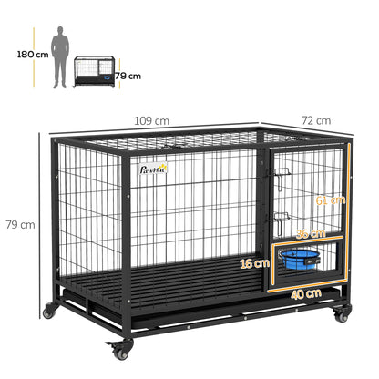 PawHut Heavy Duty Dog Crate on Wheels w/ Bowl Holder, Removable Tray, Openable Top, Detachable Door, for L, XL Dogs 